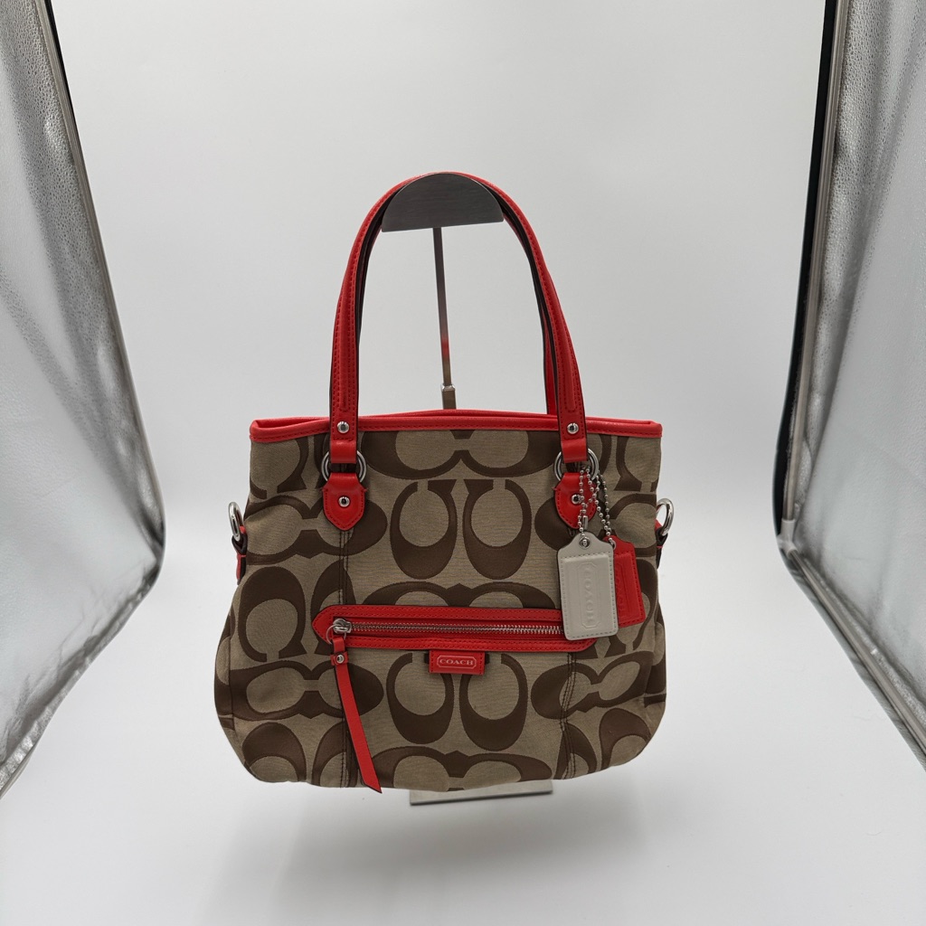 Coach Brown Signature Canvas Tote With Red Trim Y2k